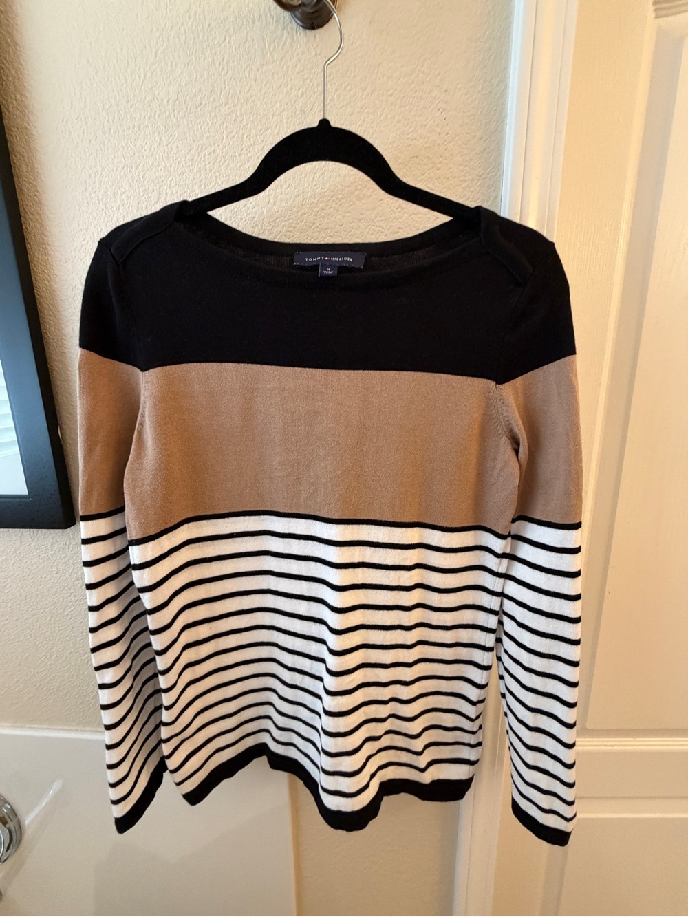 Tommy Hilfiger Black, Tan & White Striped Crewneck Sweater